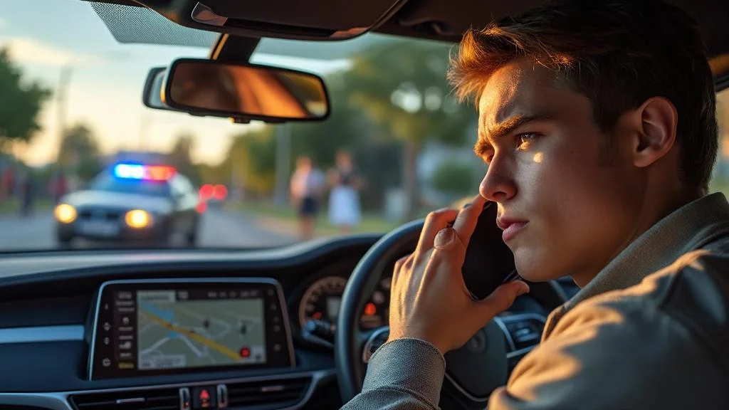Conducteur stressé pris en flagrant délit de téléphone au volant avec amende et voiture de police visible