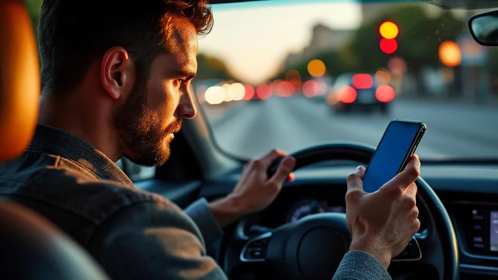 Conducteur utilisant un téléphone au volant risquant une amende et un accident de la route