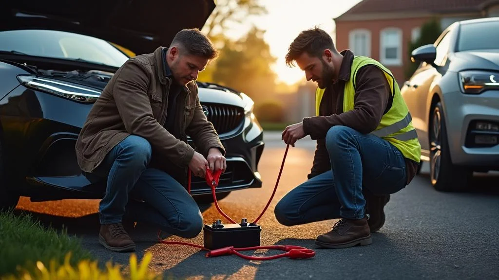 Démarrage voiture avec câbles pince en action, moteur en train de redémarrer en sécurité