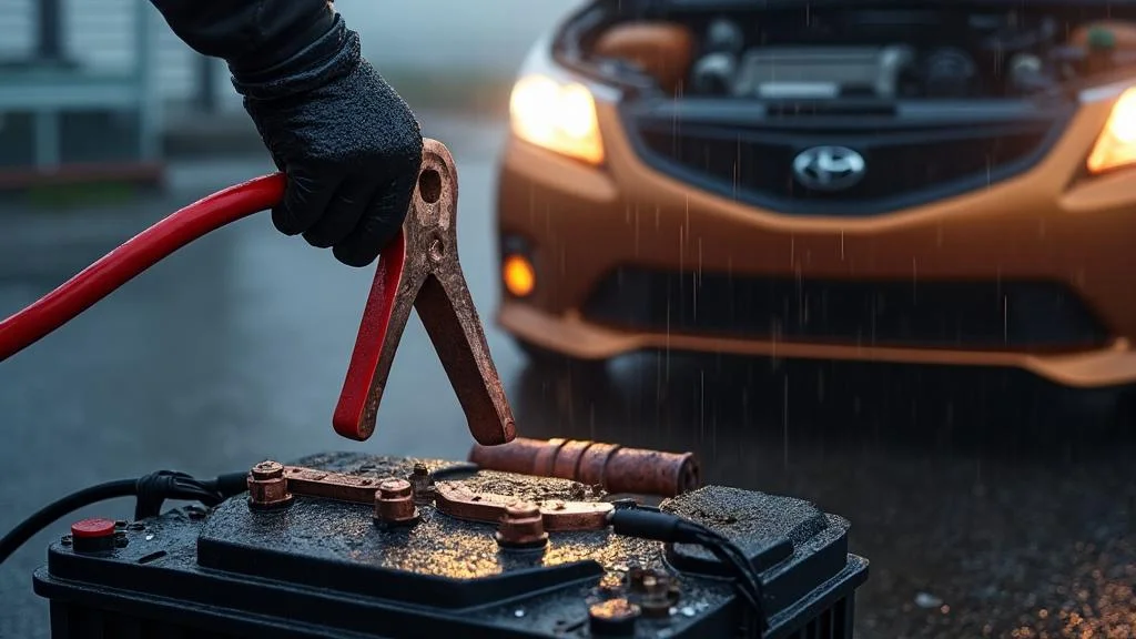 Démarrer une voiture avec des câbles de démarrage en sécurité sous la pluie, gros plan sur les pinces branchées