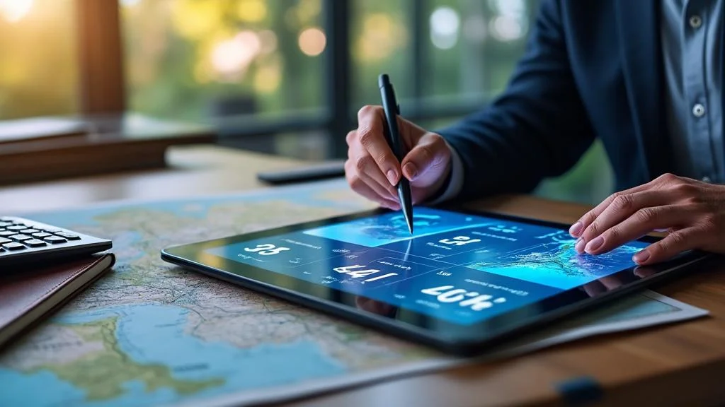 Espace de travail moderne lumineux avec tableau de bord numérique affichant une conversion miles kilomètres précise et ...