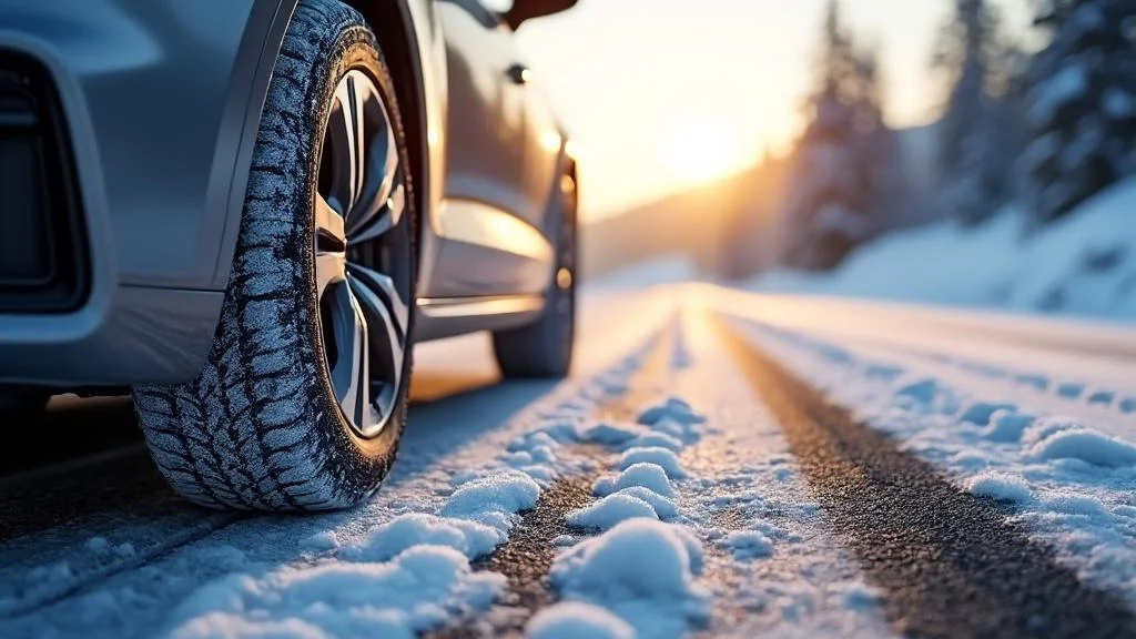 Gros plan hyperréaliste d’une chaussette neige textile sur pneu, équipement hiver économique et pratique