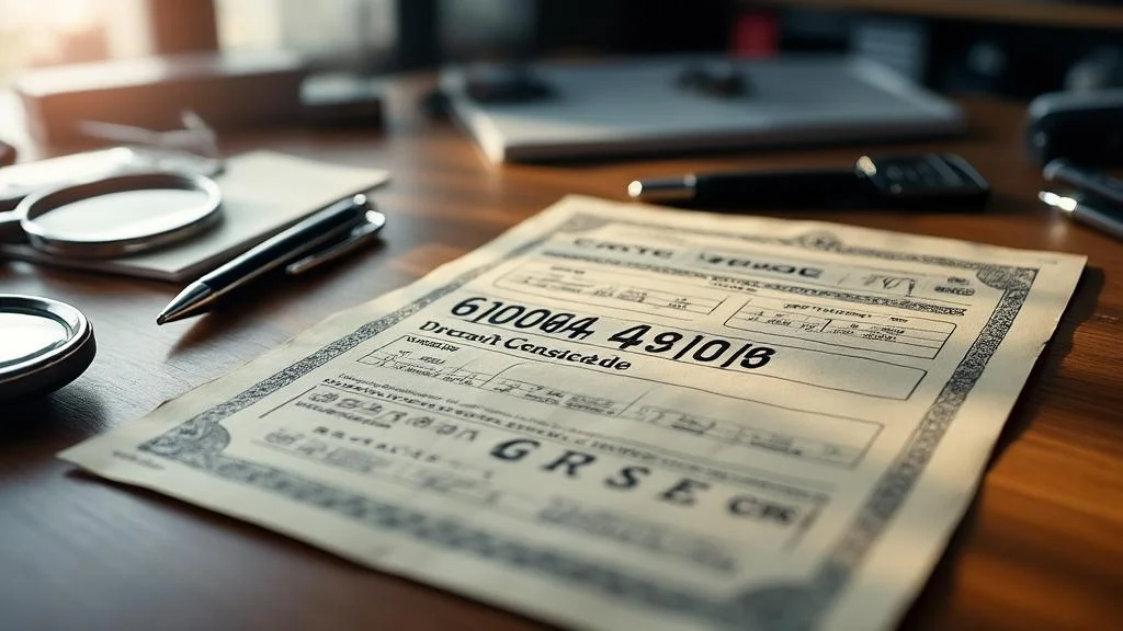 Gros plan hyperréaliste sur le numéro chassis carte grise embossé d'une carte grise posée sur un bureau en bois sous u...