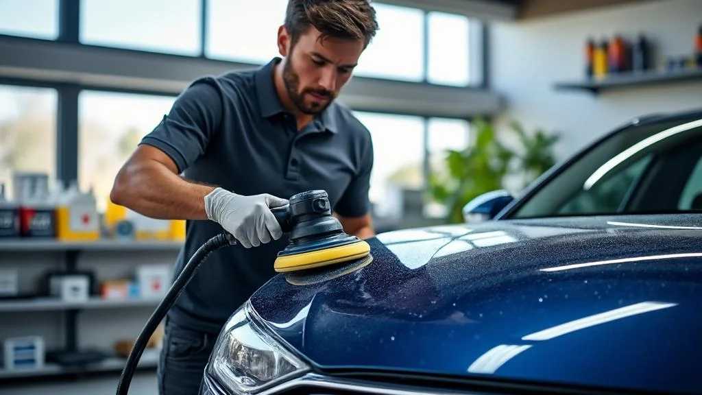 Homme lustrant une voiture bleue avec un polisseur professionnel pour un éclat parfait