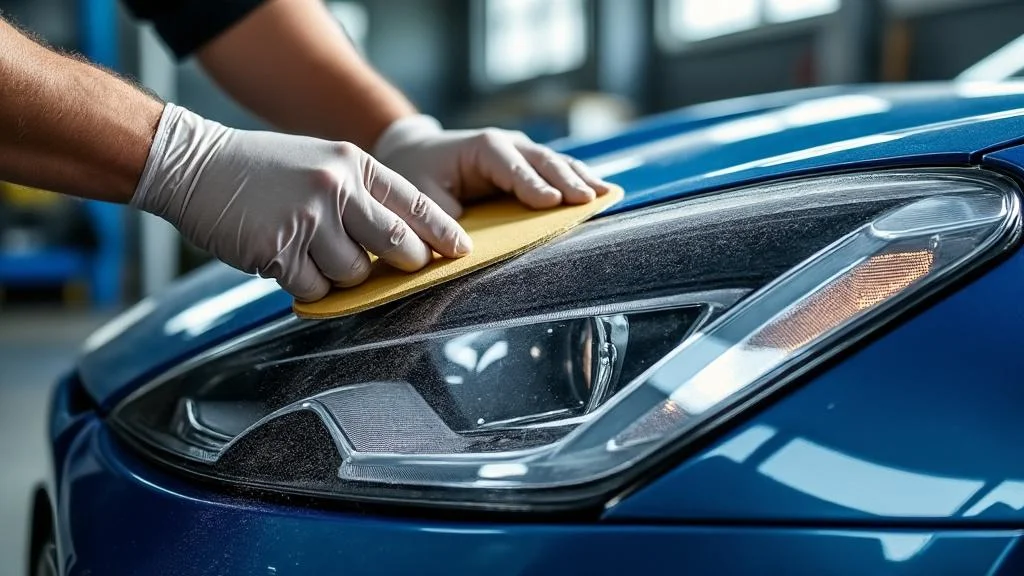 Rénovation de phare de voiture par ponçage progressif pour éliminer l’oxydation et micro-rayures