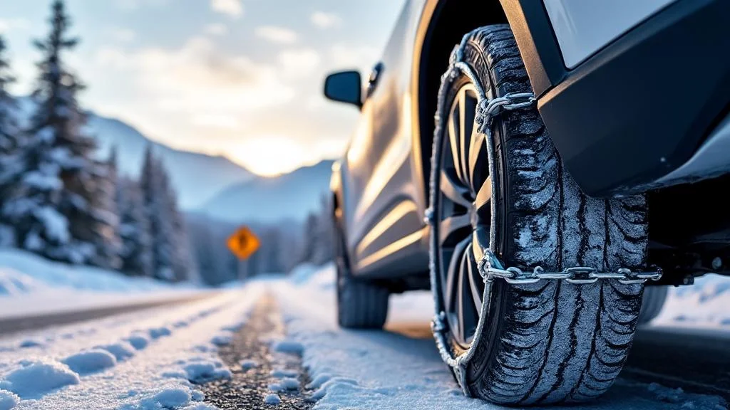 Vue réaliste d’un SUV équipé de chaînes et chaussettes neige sur route de montagne enneigée